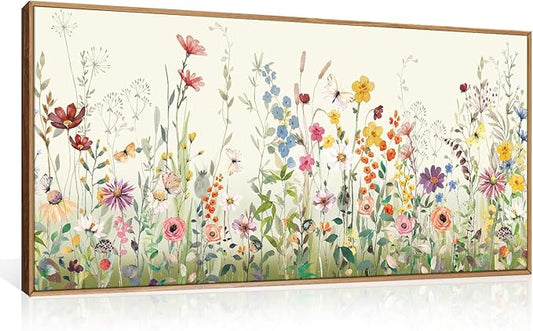 Aryroi Large Colorful Wildflower Framed Canvas Wall Art Set,Vintage Spring Flowers Green Leaf Decor,Watercolor Daisy Floral Botanical Artwork for Living Room, Bedroom,Office- 16"x24"x3