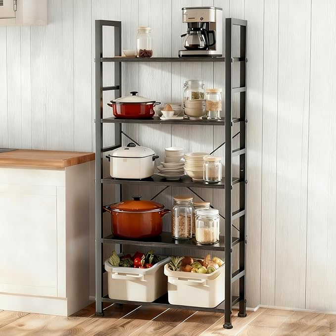 5 Tier Bookshelf, Free Standing Wooden Bookcase with Open Storage Shelves with Metal Frame, Sturdy Shelf Organization Display Rack for Living Room, Bedroom, Home Office, 62.2" Tall, Black