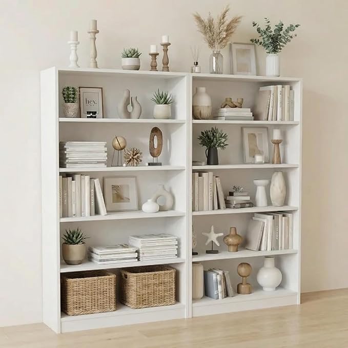 5 Tier Wooden Bookshelf, 60" H Tall Book Shelf with Adjustable Shelves, 33" Wide Bookshelf for Home Office, Living Room