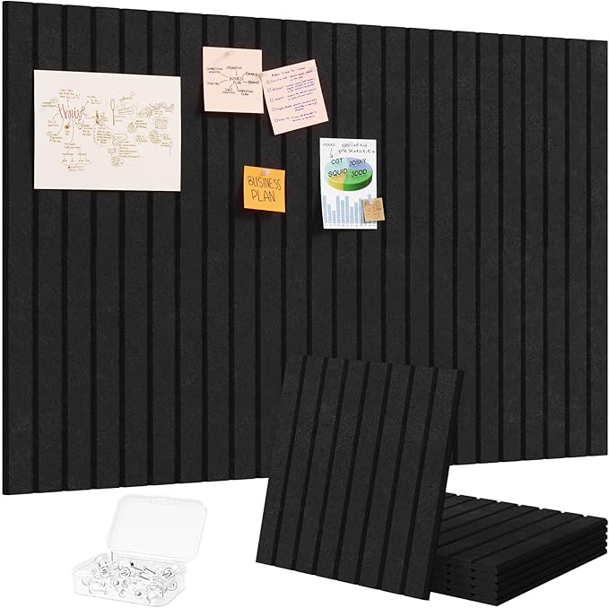 Lifewit Felt Slatted Bulletin Board with Self-Adhesive, 36"x 24"-6 Pack Cork Board Alternative, Pin Board Vision Board Message Board with 30 Pushpins for Office Decor, Room Decor, Black