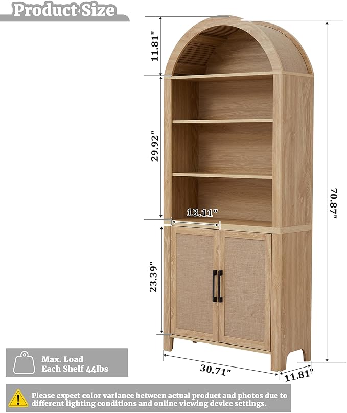 71" Tall Arched Bookcase with Storage, Mid-Century Modern 6-Tier Curved Cabinet with Door, Arched Bookshelf Cabinet with Open Display Storage Shelf for Office Living Room (Natural)