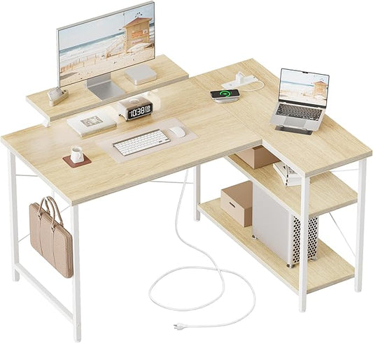 Mericonia Small L Shaped Computer Desk with Power Outlets, Reversible Gaming Desk with Storage Shelves & Monitor Stand, Corner Gamer Desk Table, Study Writing Table