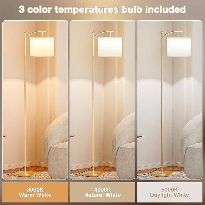 Ambimall 60" Floor Lamps for Living Room with 3 Color Temperatures, Adjustable White Shade with Gold Pole, Tall Lamps for Living Room Bedroom Office Classroom Dorm Room, 9W Bulb Included