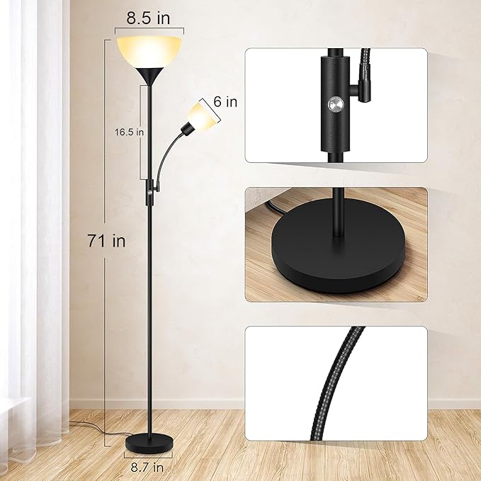 Floor Lamp, Torchiere Floor Lamps for Living Room, 71 Inch Tall Standing Lamp, Bedroom Lamps with Reading Light, Rotary Switch, 2 Plastic Lampshade, Torch Floor lamps for Bedroom (Black, No Bulb)