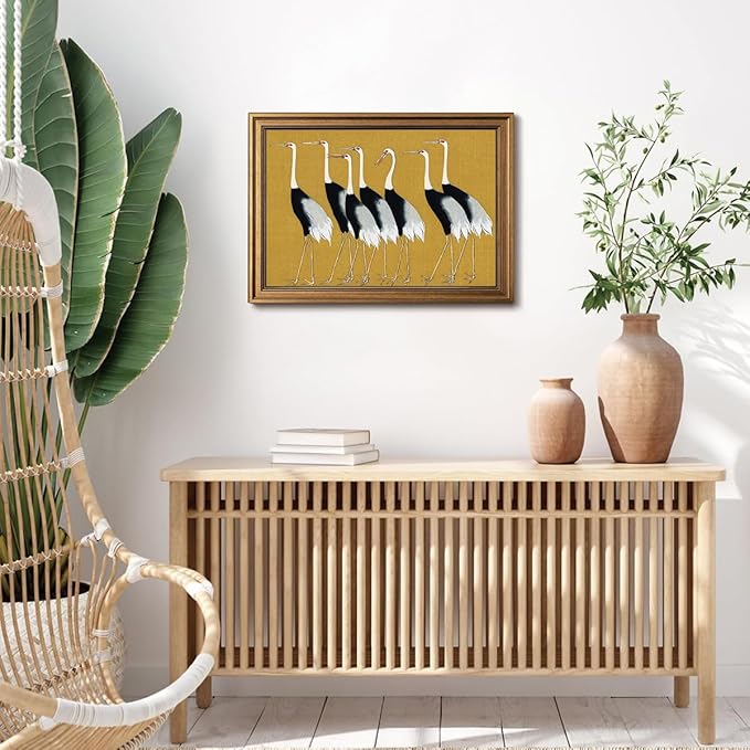 Gold Framed Wall Art Vintage Canvas Wall Art Seven Cranes Animals Artwork Artwork Prints Picture for Living Room Bedroom Farmhouse Bathroom Office Decor, 16x24