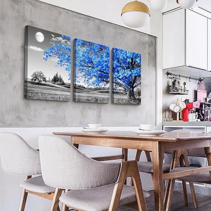 Lapremoly Canvas Wall Art For Salon Living Room Large Wall Decor For Office Bedroom Decor Black And White Nature Landscape Pictures Blue Trees Paintings Modern Home Walls Artwork 3 Pieces