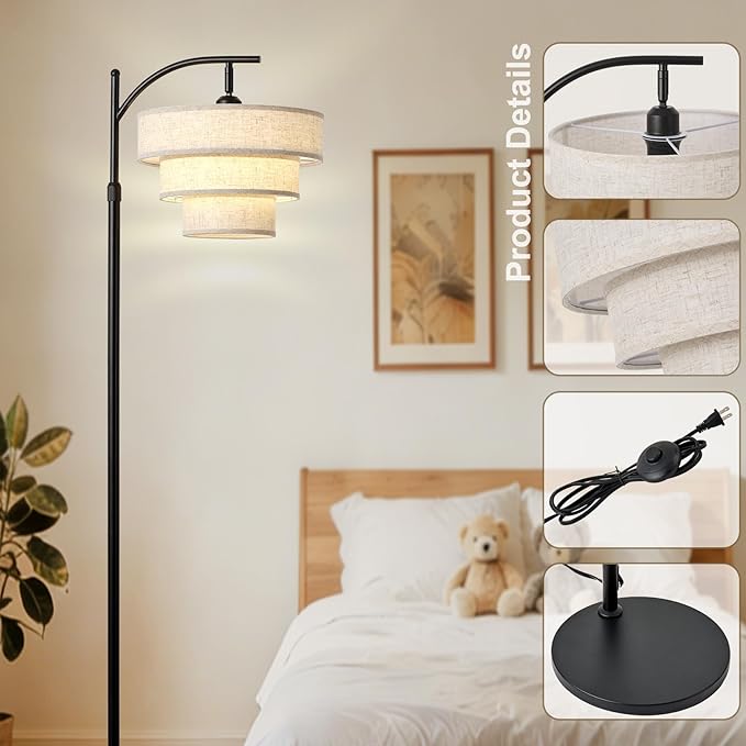 Dimmable Floor Lamp with Remote Control,Arc Fabric Tall Floor Lamp with 3-Color Temperatures Remote & Dimmable 9W Bulb,Standing Lamp with Fabric Shade for Living Room Bedroom Dining Room Hotel