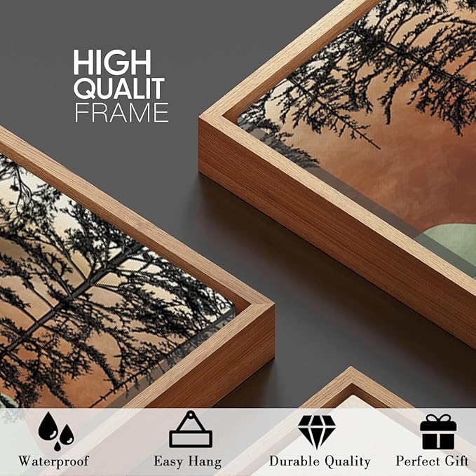 BINCUE Large Boho Mountain Wall Art Framed,Beige Landcape Canvas Wall Decor,Watercolor Landscape Art Print Mountain,Abstract Forest Nature Painting for Home Living Room Bedroom Office 36x24 Inches