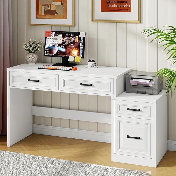 Vabches 61" Farmhouse Computer Desk with Storage and File Drawer, Executive Desks with Printer Stand, Rustic Large Home Writing Desk for Home Office.White