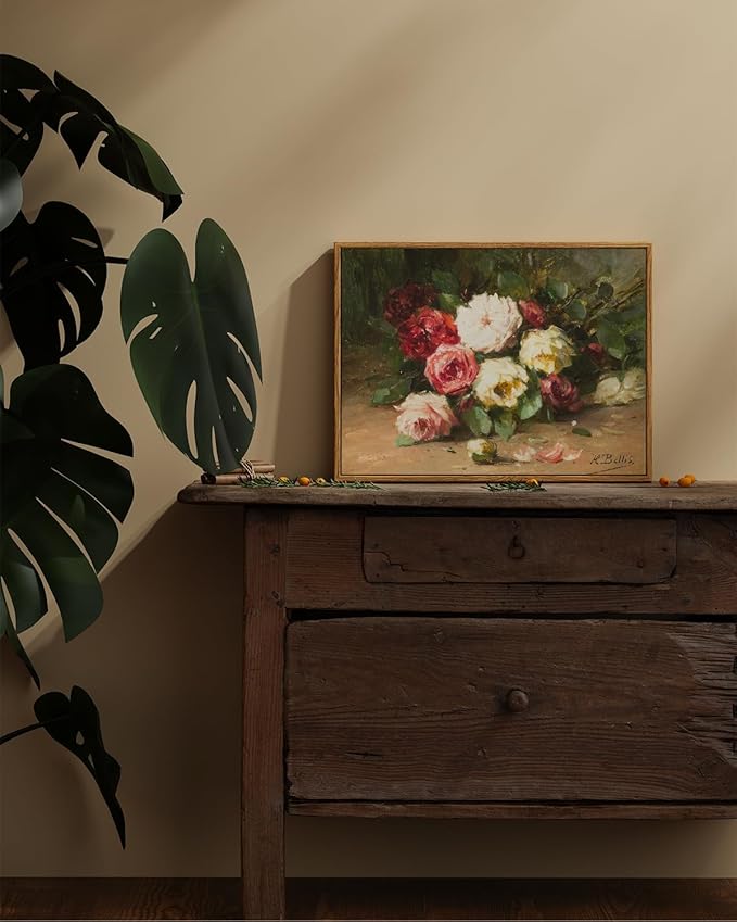 ARPEOTCY Vintage Framed Canvas Wall Art, Red Roses Floral Paintings Canvas Art Decor Aesthetic, Retro Flower Still Life Wall Pictures for Room Decoration, 12x16 Inch