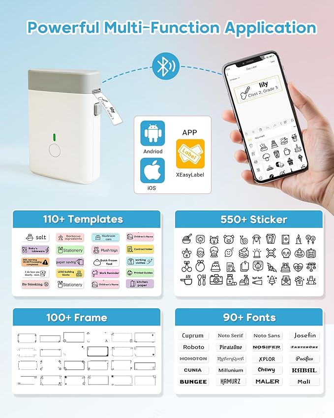 ORGBRO Label Maker Machine with Tape, DX1 Portable Bluetooth Label Printer for Home Office Organization, Support Pre-Cut & Continuous Labels, Inkless Thermal Small Labeler for School Kitchen, White