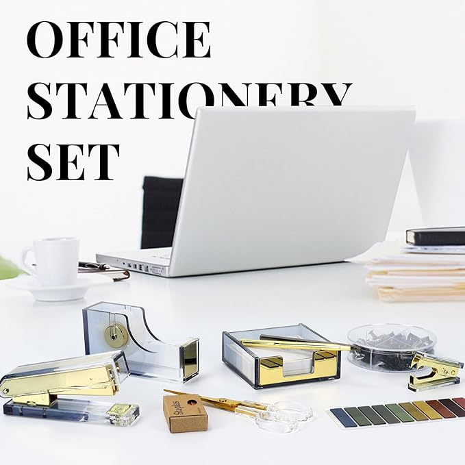 Multibey 11-Piece Gradient Acrylic Desk Accessories Set, Sticky Notes Holder, Stapler and Tape Dispenser, Staple Remover, Sticky Notes, Paper Clips, Scissor, Ballpoint Pen for Home Office Supplies