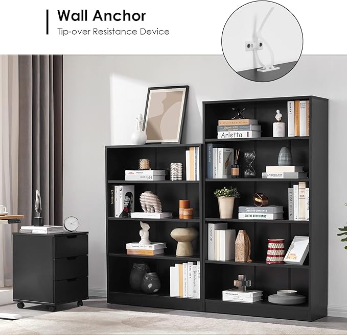 Farini Black 5 Shelf Modern Wood Bookshelf - 60 Inch Tall, Wide Manga & Bookcase for Bedroom & Living Room Library Bookcase