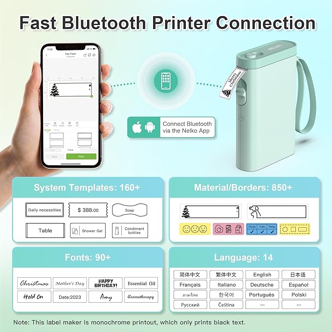 Nelko Green Label Maker Machine with Tape, P21 Bluetooth Label Printer, Adapted Label Print Paper, 14x40mm (0.55"x1.57"), Office Labeling Tape Replacement, 180 Tapes/Roll, 3 Rolls, Transparent