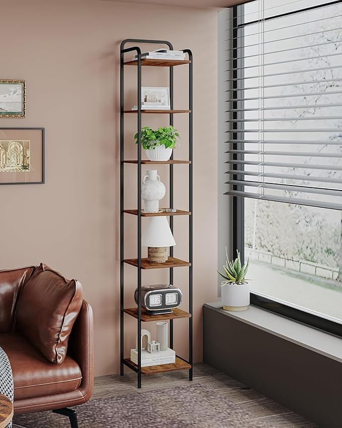 Bookcase Bookshelf, Narrow Book Shelf, Industrial Corner Shelf Storage Organizer, Slim Shelving Unit for Home Office, Living Room, Bedroom, Kitchen, 7-Tier Rustic Brown and Black BC24701B