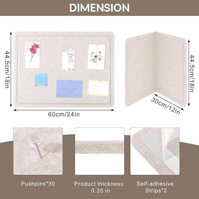 Bulletin Board, 24" x 18" Foldable Cork Board Felt Pin Boards with 30 Pushpins Self-Adhesive Photo Decorative Felt Boards for Walls, Office, School, Classroom, Home, Bedroom - Oatmeal