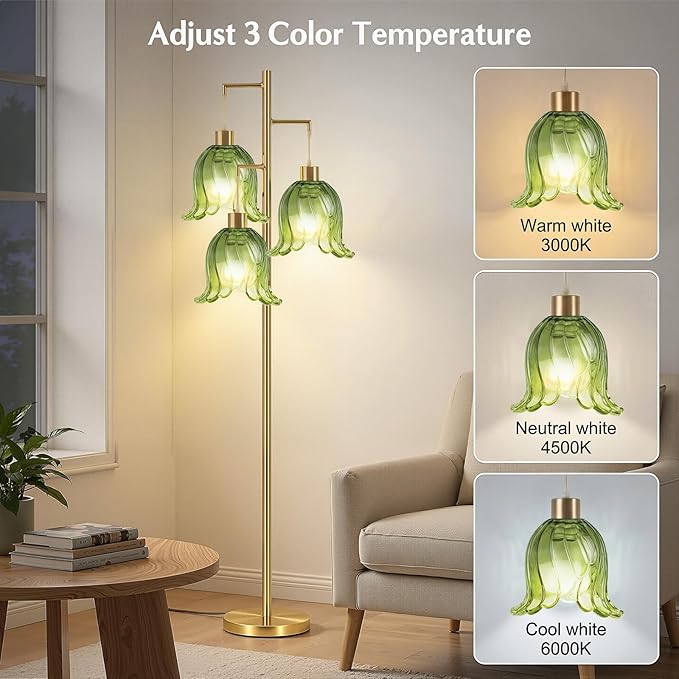 Gold Floor Lamp for Living Room,Bedroom,Tree 3 Light Standing Lamp Mid Century Modern Tall Floor Lamps Vintage Retro Floor Lights Unique Glass Green Flower Lamp Shade Farmhouse Boho Bohemian
