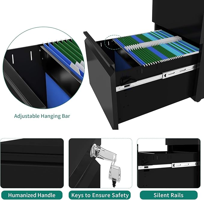 YITAHOME 3-Drawer Rolling Filing Cabinet Office Drawers, Lockable Office Storage Cabinet with Hanging Bars and Pencil Tray, Pre-Assembled Metal File Cabinet Under Desk (Black)