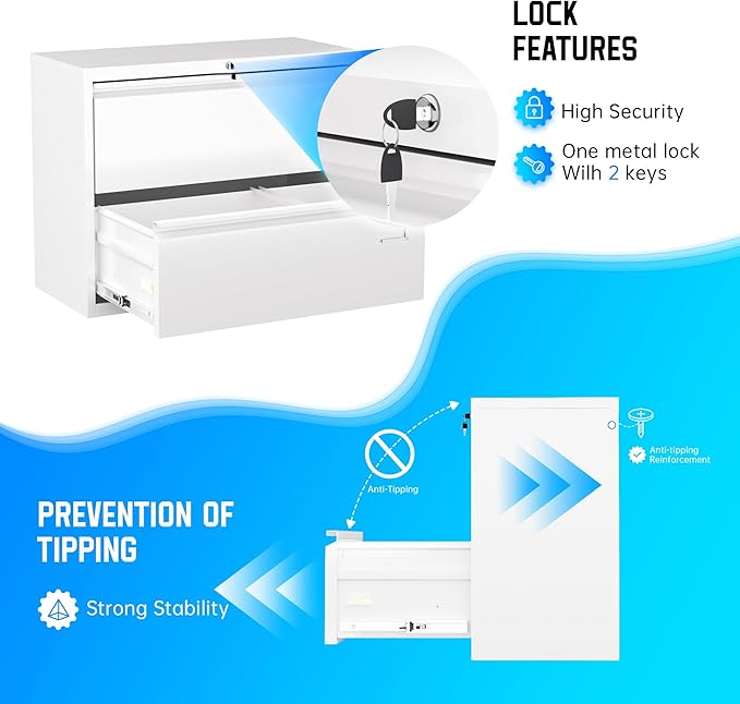 Greenvelly 2 Drawer File Cabinet, White Lateral File Cabinet with Lock, Filing Cabinet for Home Office, Lockable File Cabinets for Legal/Letter/A4/F4 Size with Hanging Files&Key