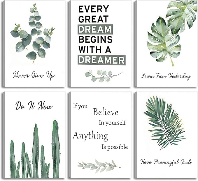 6 pcs Office Inspirational Botanical Canvas Wall Art Eucalyptus Leaves Sage Motivational Quotes Painting Picture Wall Decor Never Give Up Poster Print Artwork For Classroom Bedroom Home Decoration
