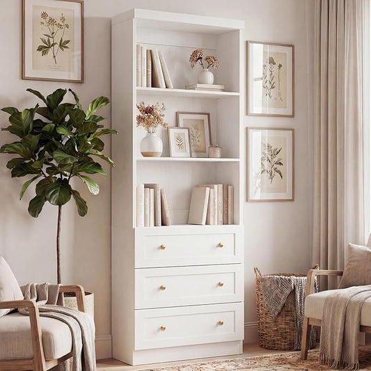 Cyclysio 80" Bookshelf with 3 Drawers, Tall Bookcase with Thickened Top Panel and 3-Tier Open Shelves, Tall Storage Cabinet for Home Office, Living Room, White