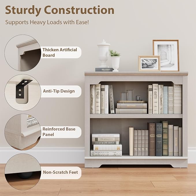 HIFYOBRO 2 Tier Bookshelf, 31.5" Wide Wooden Bookcase, 25.8" Tall Book Shelf, Freestanding Open Display Storage Bookshelves for Study Room, Home Office, Living Room (White, 2-Shelf)