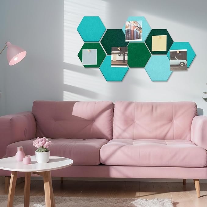 16 Pcs Hexagon Cork Board for Walls with 50 Wooden Push Pins 6.7 x 5.9 in Felt DIY Tiles Notice with Nano Tape Hanging Bulletin Board for Home Photo Office Memo Note(Turquoise)