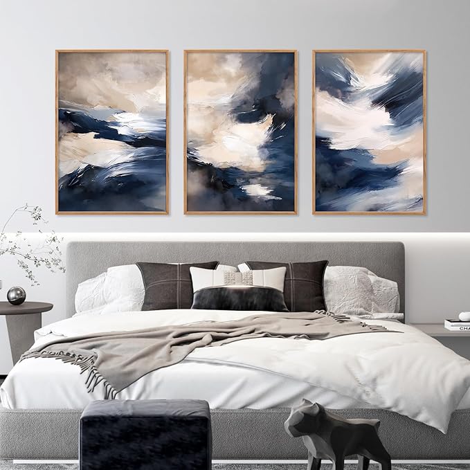 HLNIUC Blue Beige Abstract Wall Art Set of 3(16x24), Navy Brush Stroke Modern Art Decor, Earth Tone Minimalist Shape Framed Painting, Rust Dusty Neutral Prints for Living Room, Bedroom, Office