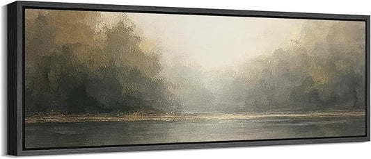 SIGNFORD Large Framed Canvas Foggy Forest River Morning Illustrations Modern Art Calm Warm for Living Room, Bedroom, Office - 60"x20"