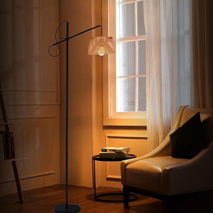 Arc Floor Lamp with Remote, Boho Floor Lamp with 3 Color Temperatures, 2700K-6500K Dimmable Rattan Standing Lamp with LED Bulb and Foot Switch, Adjustable Tall Lamp for Living Room Bedroom