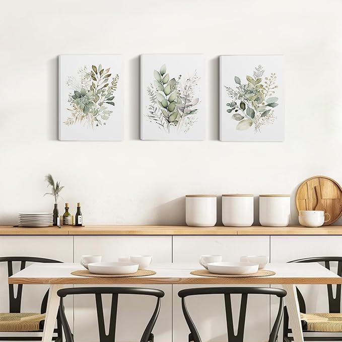 Framed Bathroom Wall Art Set of 3 for Rustic Botanical Prints,Watercolor Botanical Wall Art,Sage Green Painting Eucalyptus Leaf Art Pictures,Modern Boho Floral Wall Decor for Room Living Room Bedroom Decorations,12x16inch