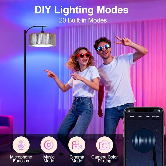 Boho Arc Floor Lamp for Living Room, Rattan Floor Lamp with Remote Control, Dimmable RGB LED Floor Lamps, Bohemian Black Standing Lamp Tall Lamp for Bedroom Office