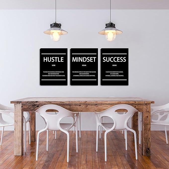 Hustle Mindset Success Wall Art, 12 x 16 Inch Motivational Canvas Wall Art for Living Room, Inspirational Quotes Painting Poster for Bedroom Classroom Meeting Room Office, Ready to Hang - 3pieces