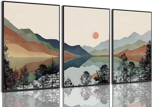Bwodke Framed Wall Art Canvas Mountain Wall Art Set of 3 Boho Watercolor Nature Landscape Picture Decor Sun Forest Prints Artwork Painting for Living Room Bedroom Office 16"x24"