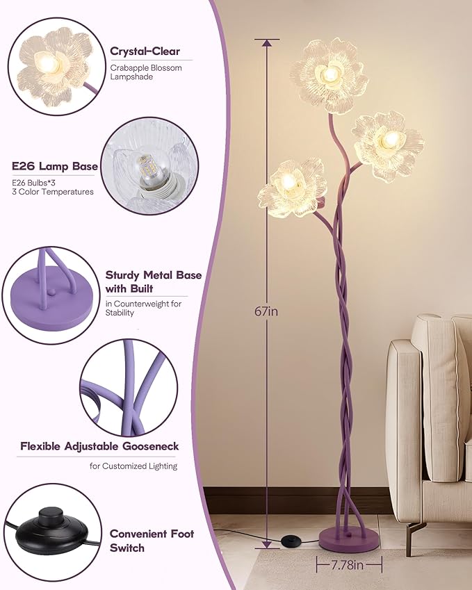 3 Light Flower Floor Lamps for Living Room, Standing Floor Lamp with Flexible Gooseneck, Unique Floor Lamp with 3 Color Temperatures, Tall Corner Floor Lamps for Living Room, Bedroom—Purple