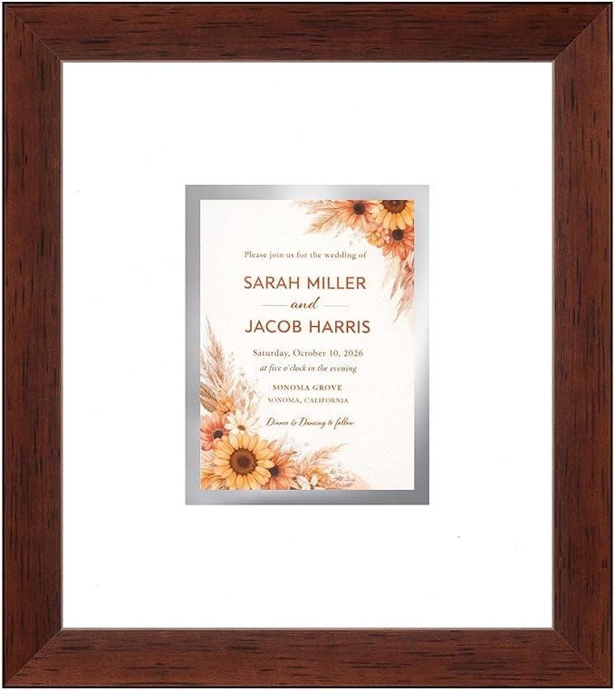 Poster Palooza Wedding Invitation Display Frame 10x11.25 in Brown With White and Metallic Silver Double Mat for 4.25x5.5 A2 Keepsake - 2026 Edition | USA Made