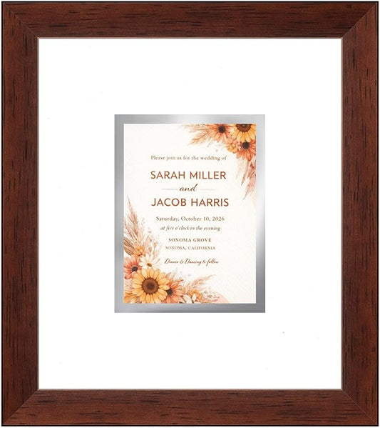 Poster Palooza Wedding Invitation Display Frame 10x11.25 in Brown With White and Metallic Silver Double Mat for 4.25x5.5 A2 Keepsake - 2026 Edition | USA Made