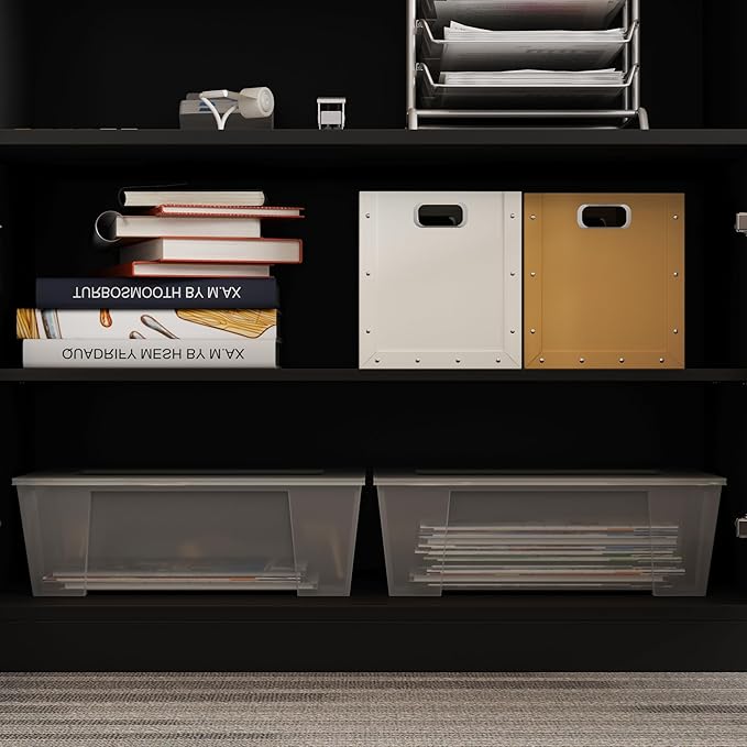 WOODTIME 31.5" W Lateral File Cabinet with Lock, Adjustable Shelves, Top Compartment, Open Shelf & 2 Drawers, Wooden Filing Organization Storage Cabinet for Office Garage, White & Black