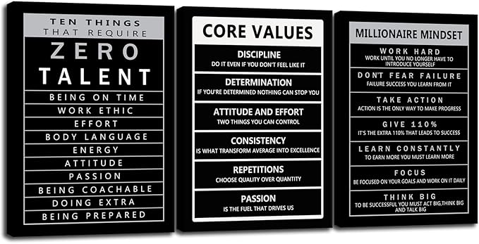 WYJZDZQ8 Motivational 3 Pieces Core Values Poster Inspirational Canvas Wall Art Prints Artwork for Living Room Office Modern Home Decor Inspiring Painting Pictures Framed Ready to Hang[60''Wx 28''H]
