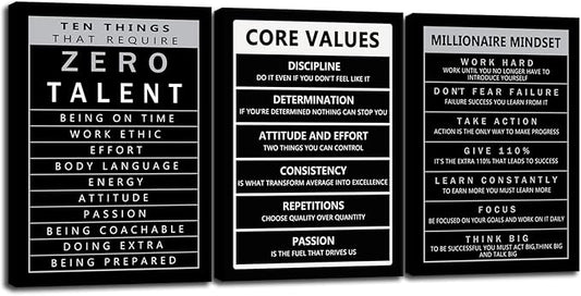 WYJZDZQ8 Motivational 3 Pieces Core Values Poster Inspirational Canvas Wall Art Prints Artwork for Living Room Office Modern Home Decor Inspiring Painting Pictures Framed Ready to Hang[60''Wx 28''H]