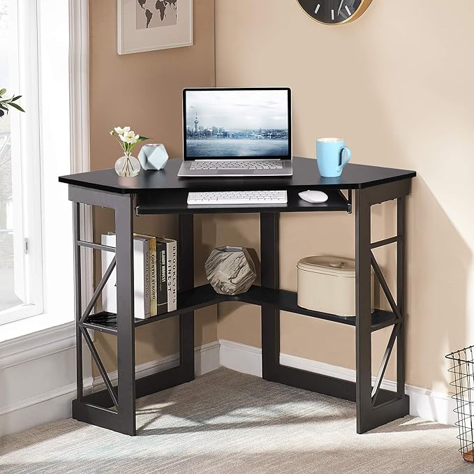 VECELO Corner Computer Desk 41 x 30 inches with Smooth Keyboard & Storage Shelves for Home Office Workstation, Black