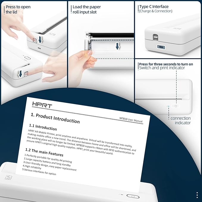 HPRT Wireless Portable Printer - Bluetooth Thermal Printer for Travel, Mobile Office, School, Home Compatible with iOS Android (Renewed) (White)