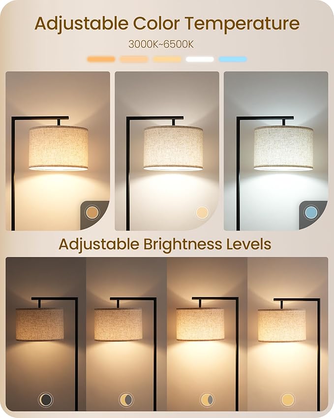 Modern Dimmable Floor Lamp for Living Room with Adjustable Color Temperature LED Bulb, ARC Standing Lamp with Remote Control, Tall Reading Lamp for Bedroom, Office, Black, E11LD05