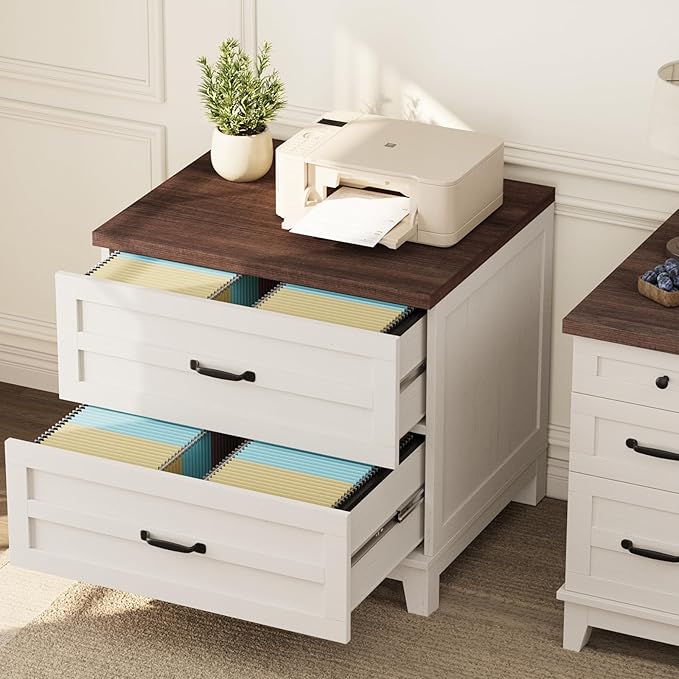 IDEALHOUSE 21.26" D Lateral File Cabinet, Wood Farmhouse Large Filing Storage Cabinet with Drawers & Hanging for Legal/Letter/A4 Size File, Thick & Sturdy Frame for Home Office, Rustic Brown & White