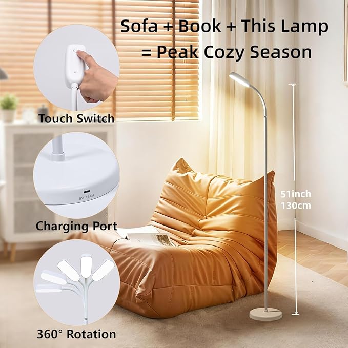 Cordless Portable Floor Lamp, Adjustable Gooseneck with Touch Switch, 3 Color Modes, Lightweight & Rechargeable for Living Room, Bedroom, Office, Reading, Camping, RV, Piano, Indoor Outdoor-White
