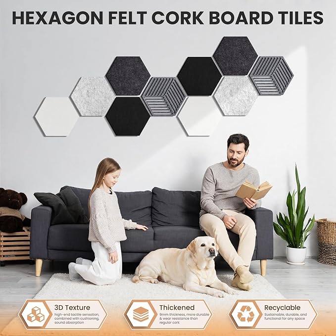 Hexagon Cork Bulletin Boards for Walls Decor, 10 Pack Felt Board Tiles with 25 Push Pins, Photo Display Board for Office & Home Classroom DIY Decor