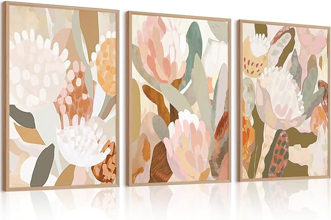 Abstract Flower Wall Art Boho Floral Wall Decor Modern Botanical Canvas Prints Neutral Banksia Flower Pictures Minimalist Floral Poster Painting for Bedroom Living Room 12x16 Inch Unframed Set of 3