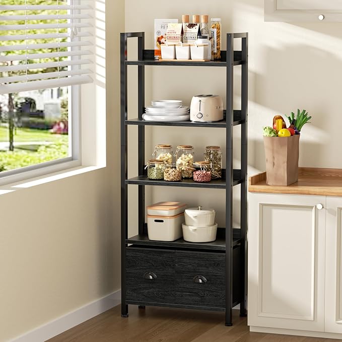 Furologee 5-Tier Bookshelf, Tall Bookcase with 2 Storage Drawers, Industrial Display Standing Shelf Units, Wood and Metal Storage Shelf for Living Room, Bedroom, Home Office, Black Oak