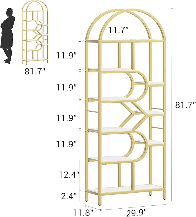 IDEALHOUSE Bookshelf 6 Tier Arched Bookcase 81.7in Tall Display Racks Geometric Open Storage Shelf Unique Book Rack Metal Frame Large Modern Book Shelf for Bedroom, Living Room, Home Office