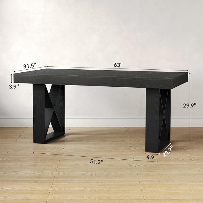 LITTLE TREE 63-Inch Long Computer Desk, Simple Wood Thick Appearance Design, Study Writing Gaming Work Executive Desk for Home Office, Black
